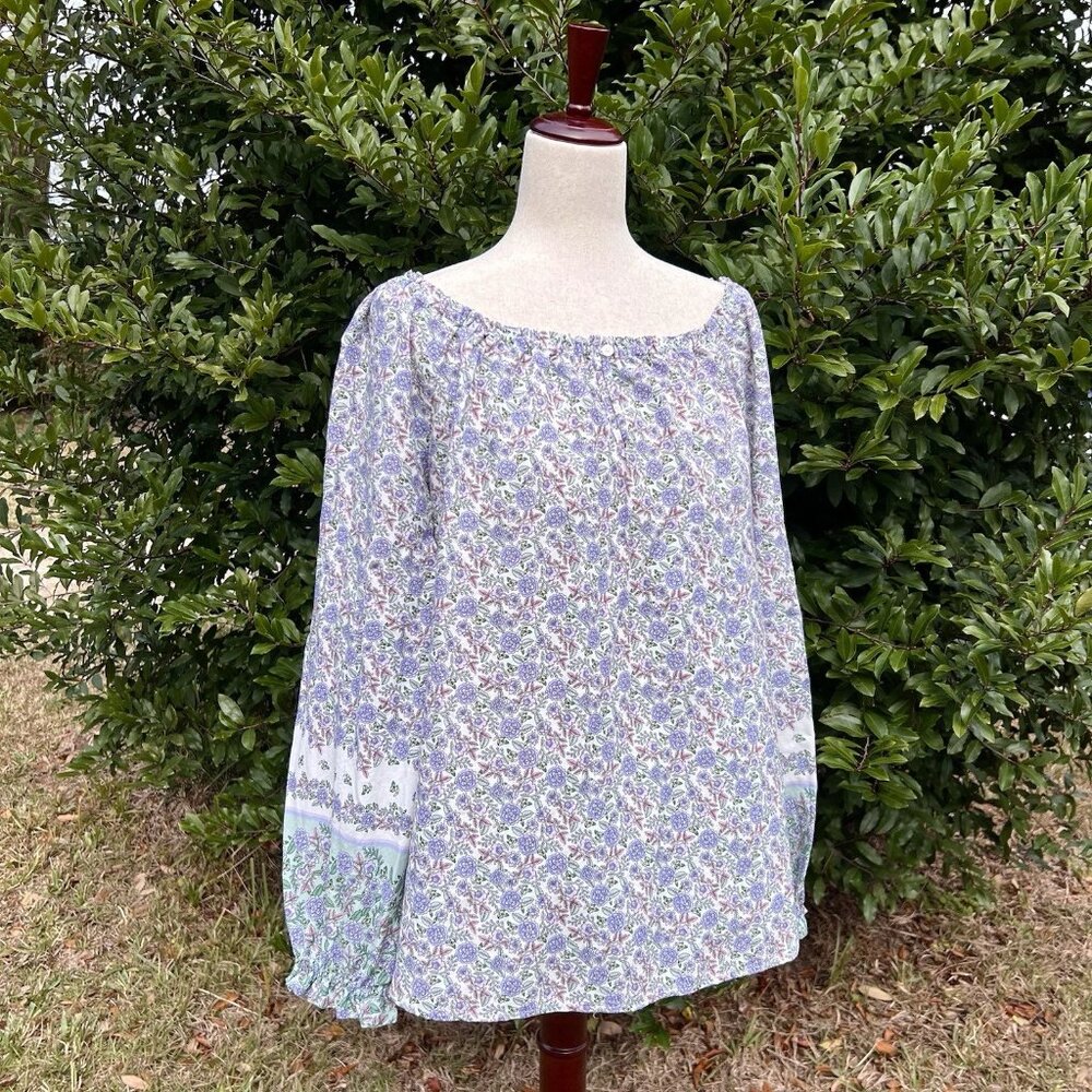 Loft Women’s Blue Purple Floral Shirt Blouse Size XL Dainty Cottagecore Spring